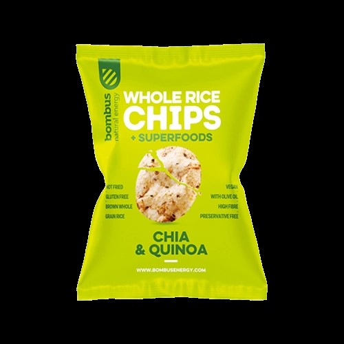 Pečené ryžové chipsy vyrobené z hnedej celozrnnej ryže obohatené o chia semienka a quinou